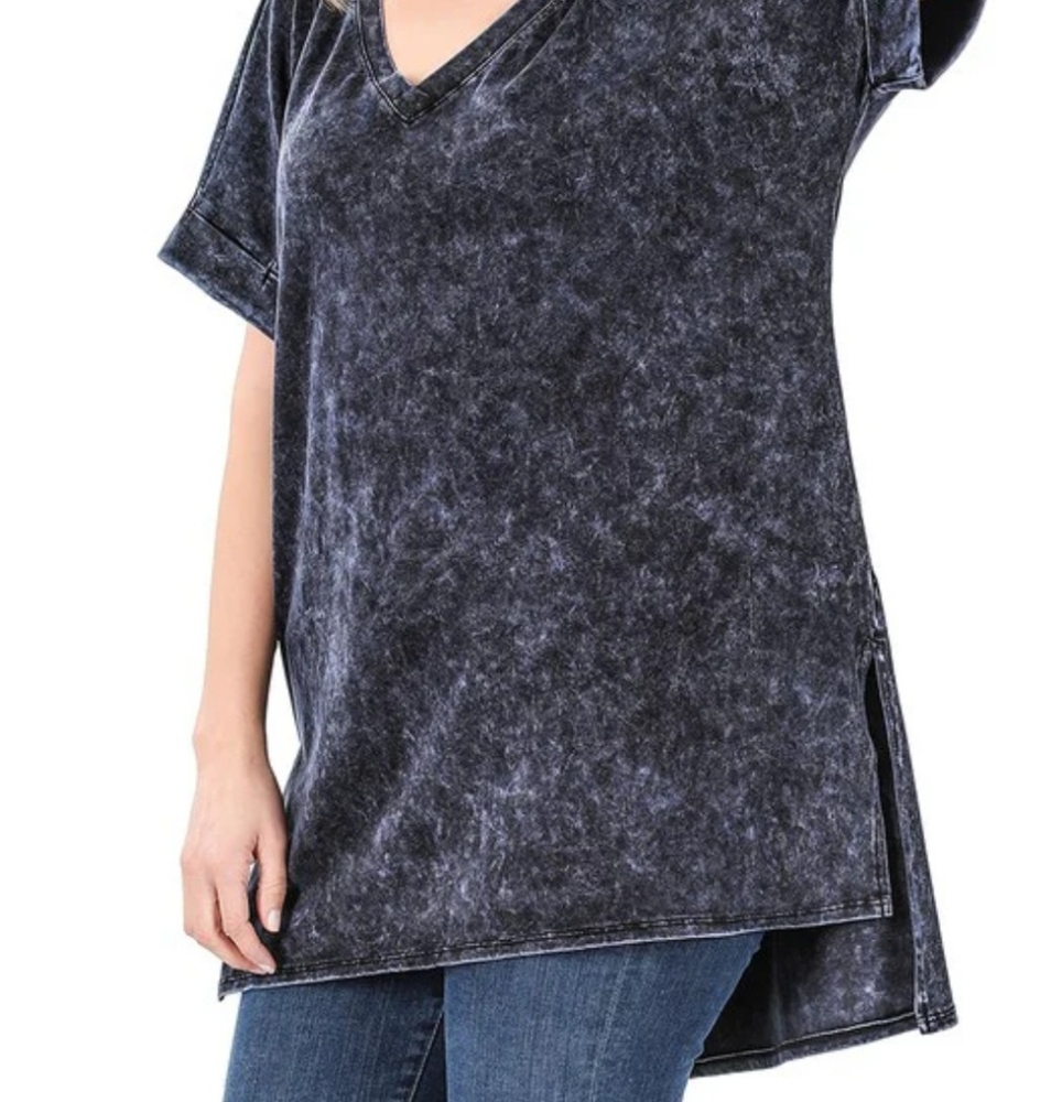 ZENANA MINERAL WASH ROLLED SHORT SLEEVE V-NECK TOP